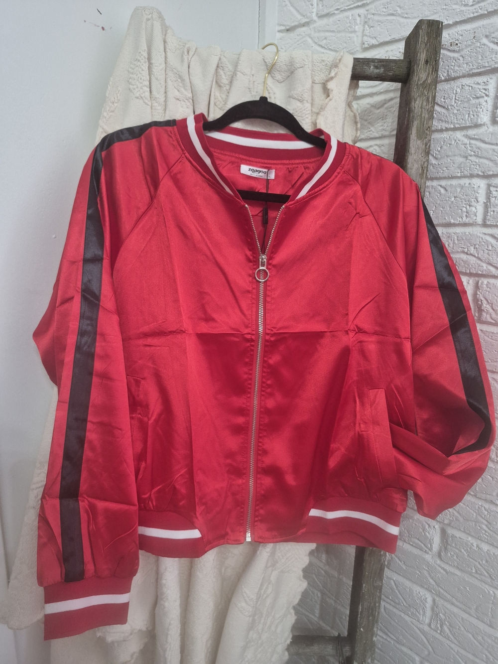 zeagoo Red Satin Bomber Jacket with Black Stripe